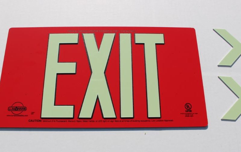 Photoluminescent Exit Sign, Single Sided, Red Aluminum Composite
